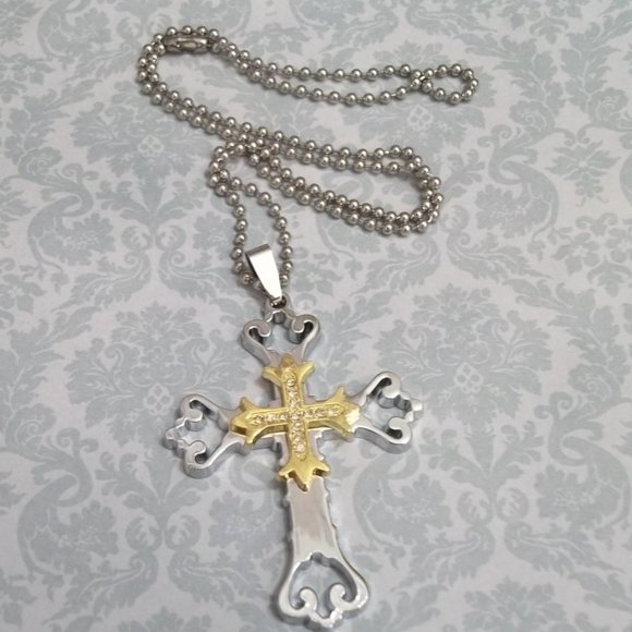 *5/35* New Fancy Stainless Steel Rhinestone Cross Necklace - Picture 4 of 4